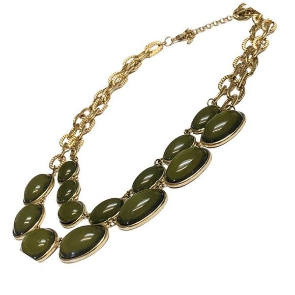Vintage Olive Green Glass Beaded 2 Tier Chain Gold Tone Statement Necklace 20” - Picture 3 of 8